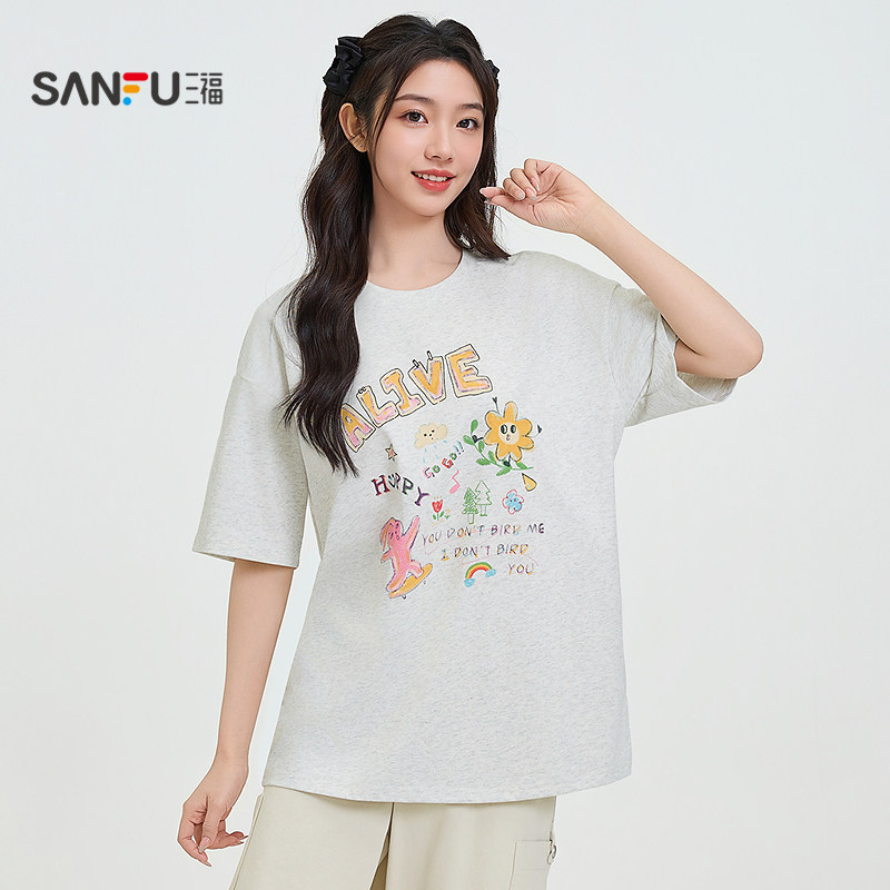 三福宽松短袖女2025新款夏季涂鸦印花t恤圆领减龄上衣女装498251,淘宝优惠券,粉丝福利购,淘宝优惠卷