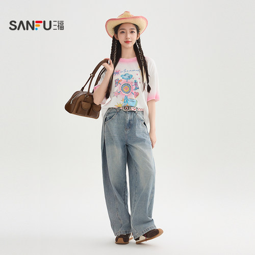 三福浅蓝牛仔裤女2026新款夏季侧边打褶弯刀裤宽松裤子女装520346 - 图3