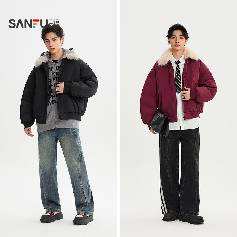 三福2025冬季男士毛领飞行员棉衣 街头潮酷翻领棉服外套511834,淘宝优惠券,粉丝福利购,淘宝优惠卷