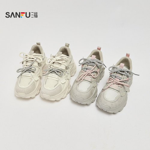 三福女运动鞋新款时髦运动双鞋带截断厚底老爹鞋女鞋852273 - 图3