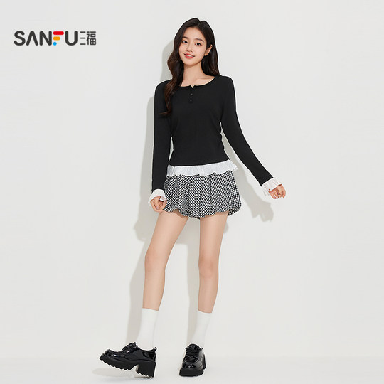 Sanfu women's autumn slightly loose pleated button lace single clothes, casual bottoming, long-sleeved top 504758
