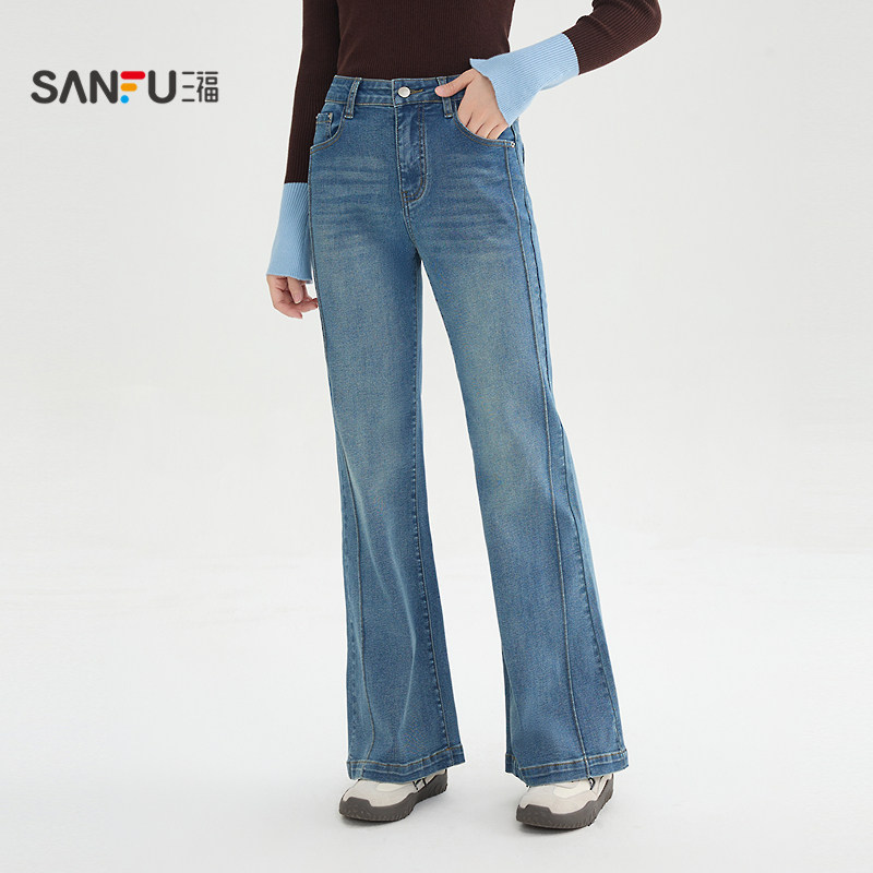 三福牛仔裤2026新款春季时尚潮流分割线喇叭裤蓝色裤子女装515830