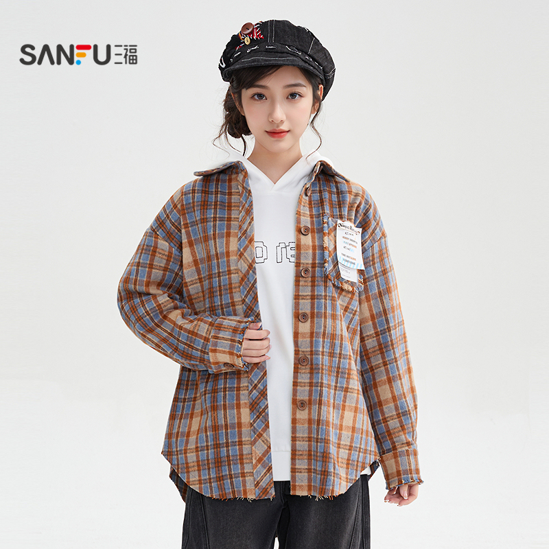 三福衬衫外套2025新款冬季毛须边格子衬衣复古宽松上衣女装510501 - 图2