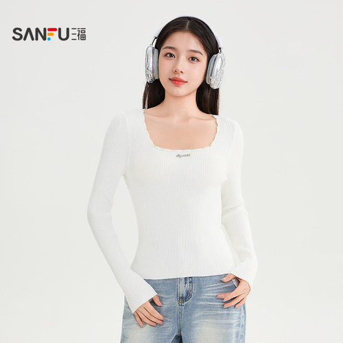 三福打底衫2025新款秋季蕾丝拼接方领修身内搭针织上衣女装505944 - 图0