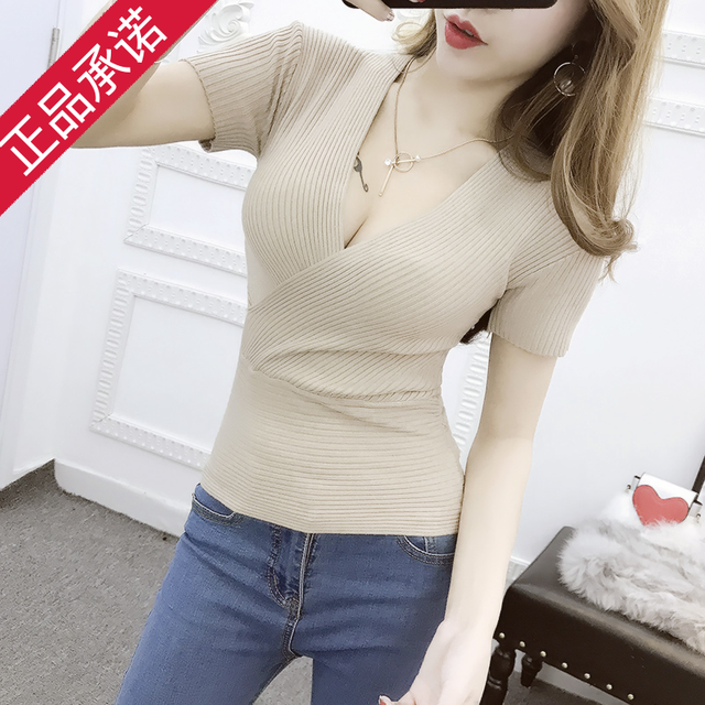 Low-cut cross top short-sleeved bottom shirt sexy women