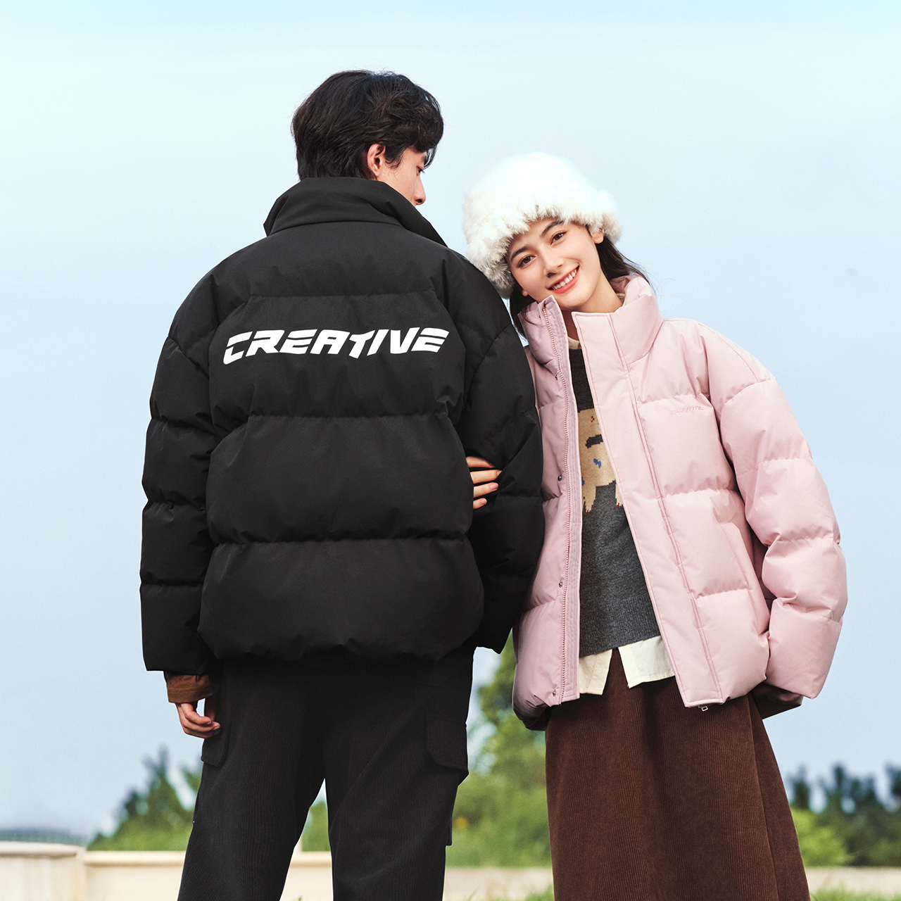 森马羽绒服男2024冬季新款时尚撞色肌理印花情侣面包服厚款外套潮