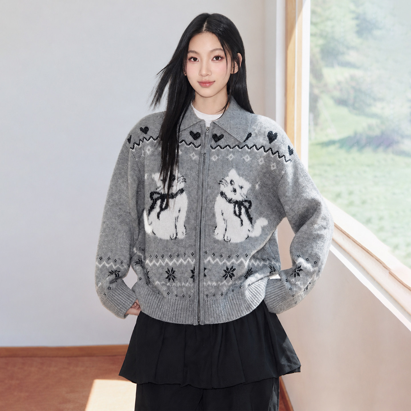 陈都灵同款森马针织开衫女冬季翻领oversize图案费尔岛26新款毛衫