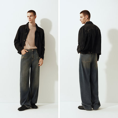 王安宇同款森马牛仔裤男做旧复古阔感弯刀裤宽松弧形裤cleanfit春 - 图3