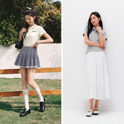 森马小个子拼接格纹修身POLO衫女