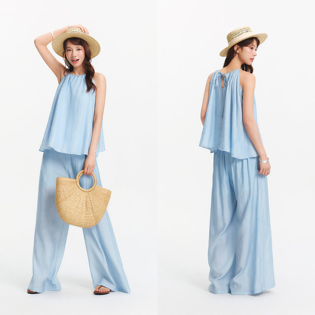 Semir suspender wide leg pants imitation linen texture suit for women