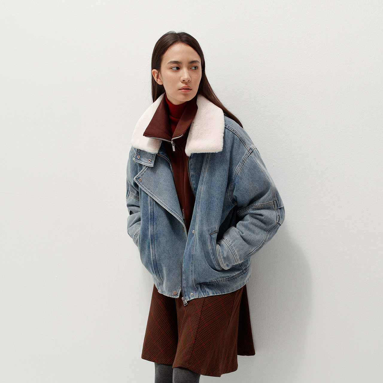 商场同款|森柔森马牛仔外套女冬宽松夹棉可拆卸毛领2025新款夹克 - 图1