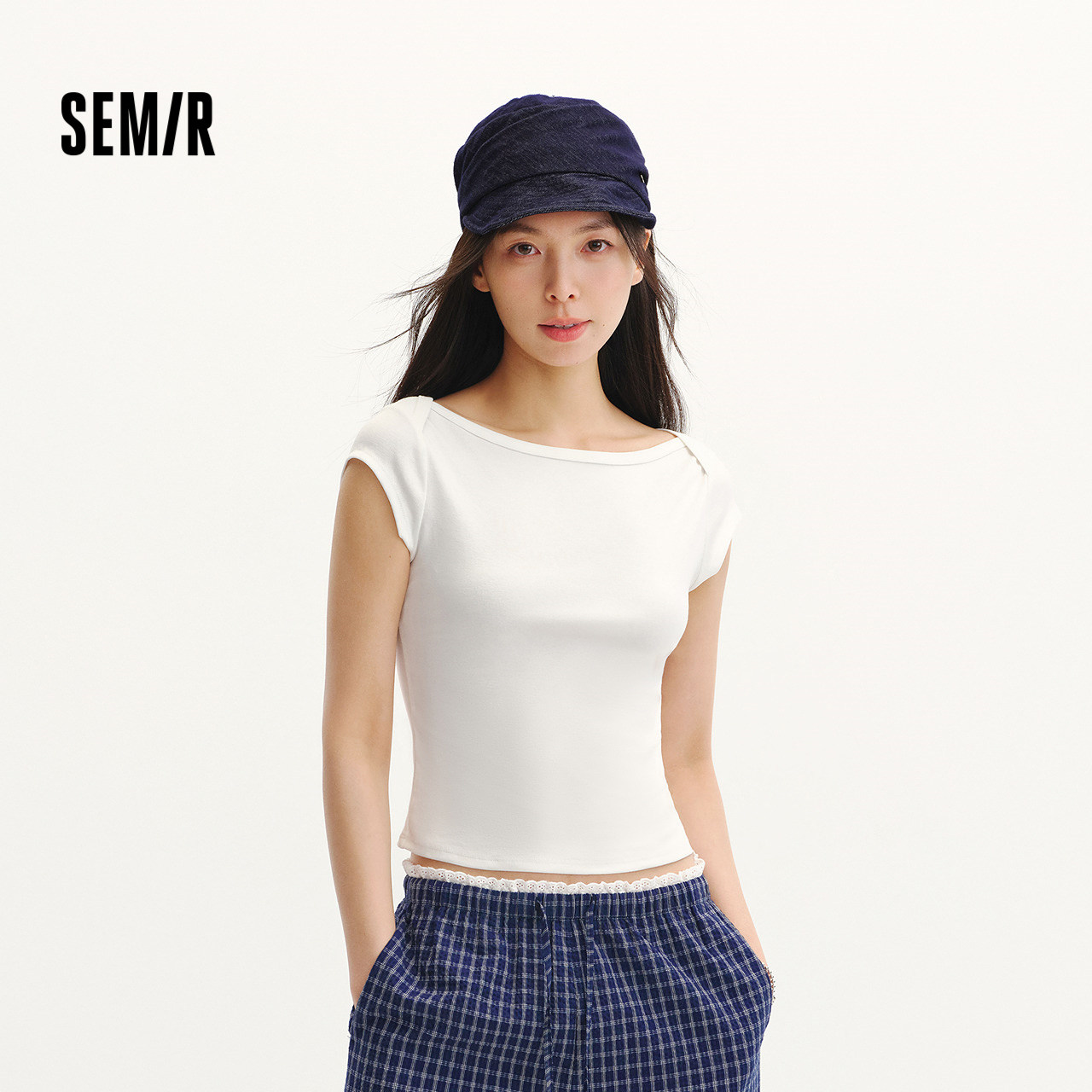 森马女式凉感短款一字领纯色T恤