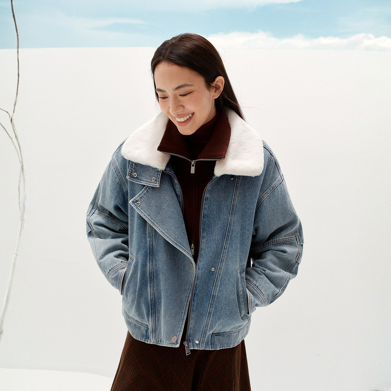 商场同款|森柔森马牛仔外套女冬宽松夹棉可拆卸毛领2025新款夹克 - 图0