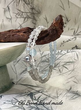 【初霁】天然白水晶灰月光海蓝宝双圈手链女款舒缓情绪蓝玉髓手串