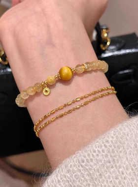 新中式天然虎眼石人造金发晶手串女招财铜钱手链高级感小众设计