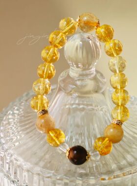 招财天然虎眼石水晶手串人造黄塔晶金发晶串珠水晶手链女小众高级