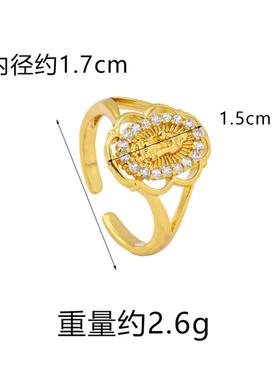 新品镂空镶钻圣母开口指环轻奢越南沙金戒指久不掉色义乌饰品