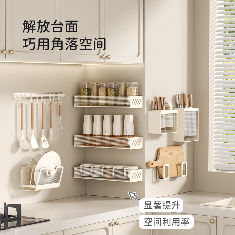 日本厨房置物架免打孔调味料架瓶罐刀架壁挂式多功能收纳架用品 - 图3