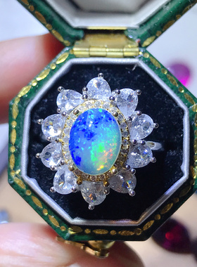 天然欧泊戒指女925银双色电镀大钻豪华镶嵌轻奢日韩活口可调节