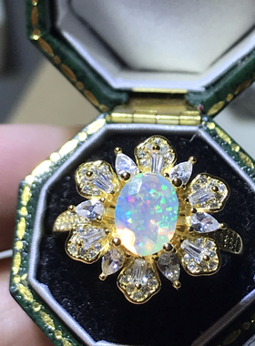 天然水晶欧泊戒指女925银镀黄金色镶嵌轻奢日韩活口可调节