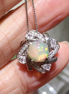 清仓925银镀白金天然炫彩欧泊吊坠女小众设计感高级轻奢精致闺蜜