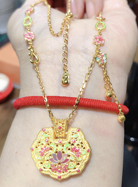 足银999纯银镀黄金珐琅彩项链荷花吊坠时尚国风首饰送女友送妈妈