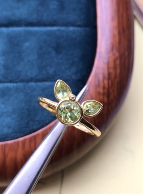 天然橄榄石戒指925银镀黄金橄榄石戒指卡通可爱戒指