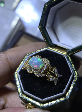 天然欧泊戒指女款时尚个性七彩光蛋面彩色宝石指环