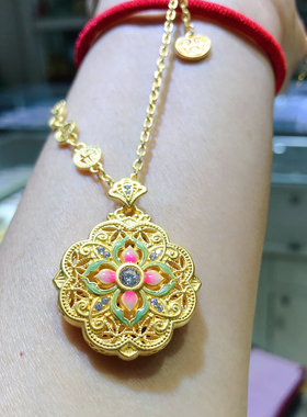 足银999纯银镀黄金珐琅彩项链吊坠时尚国风首饰送女友送妈妈