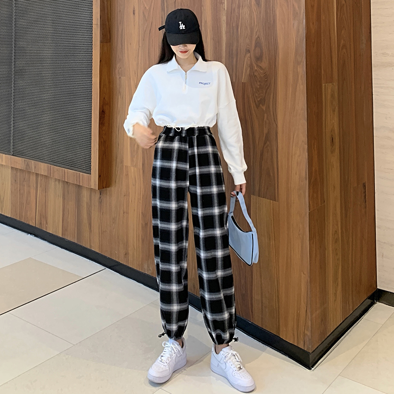 黑白格子裤宽松束脚秋冬季运动裤 优乐叮休闲裤