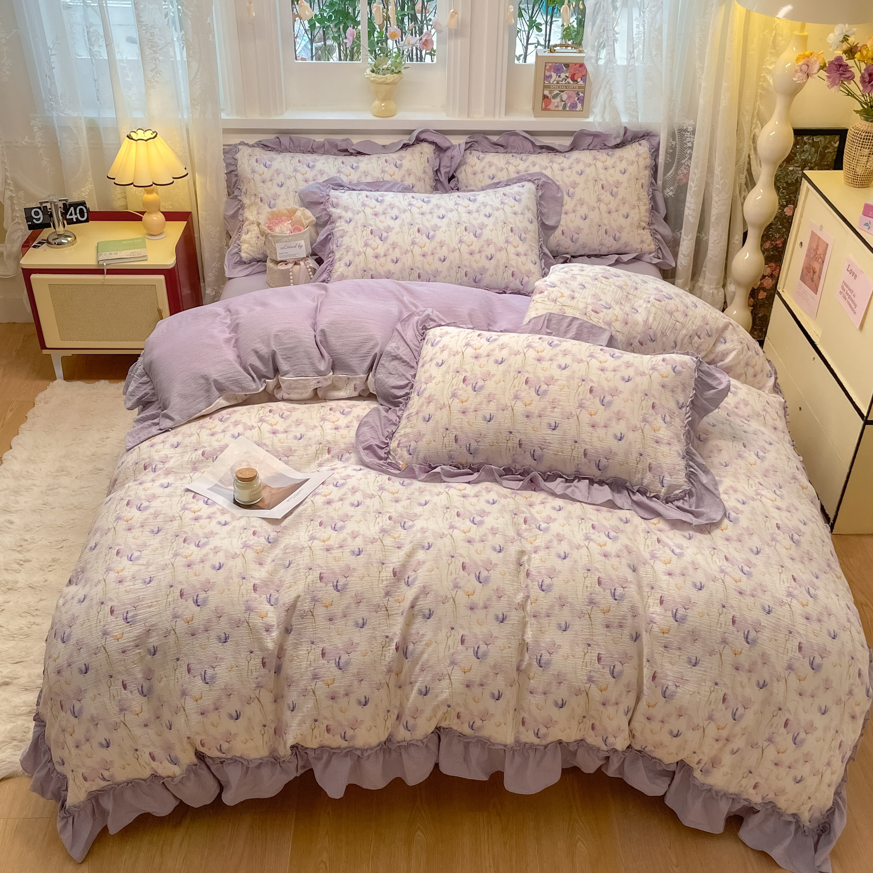 ins花边四件套纯棉全棉床上用品被套床单床笠加厚学生宿舍三件套4