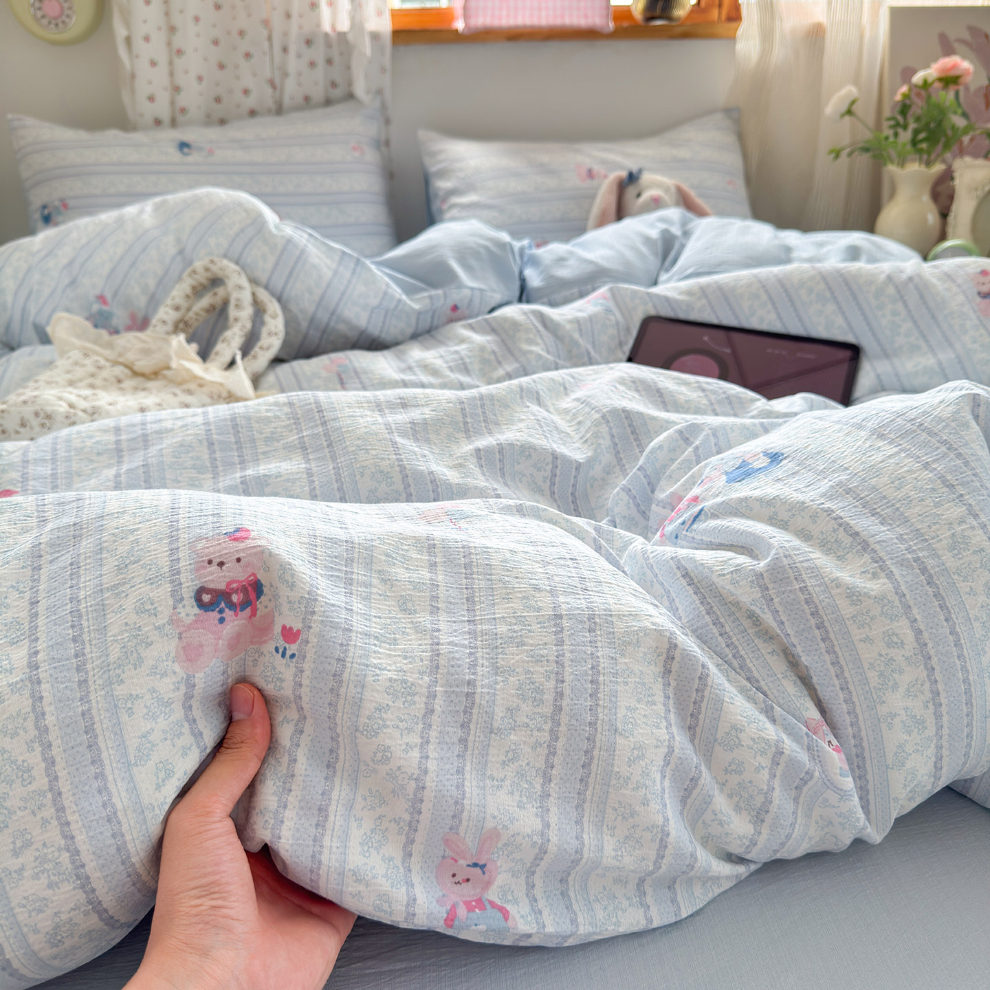 A类双层纱床上四件套纯棉全棉2025新款卡通风床单被套宿舍三件套4