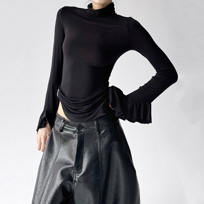 辣妹堆堆高领修身褶皱打底衫女2025冬季新款内搭喇叭长袖t恤上衣,淘宝优惠券,粉丝福利购,淘宝优惠卷