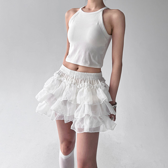 2025 spring and summer new solid color versatile layered A-line skirt mesh cake skirt fluffy skirt