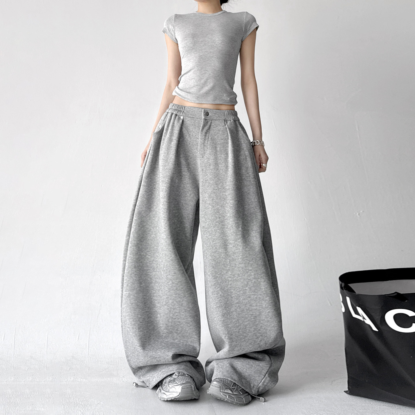 韩系穿搭休闲运动裤女2025春装新款高腰阔腿裤宽松显瘦灰色长裤子,淘宝优惠券,粉丝福利购,淘宝优惠卷