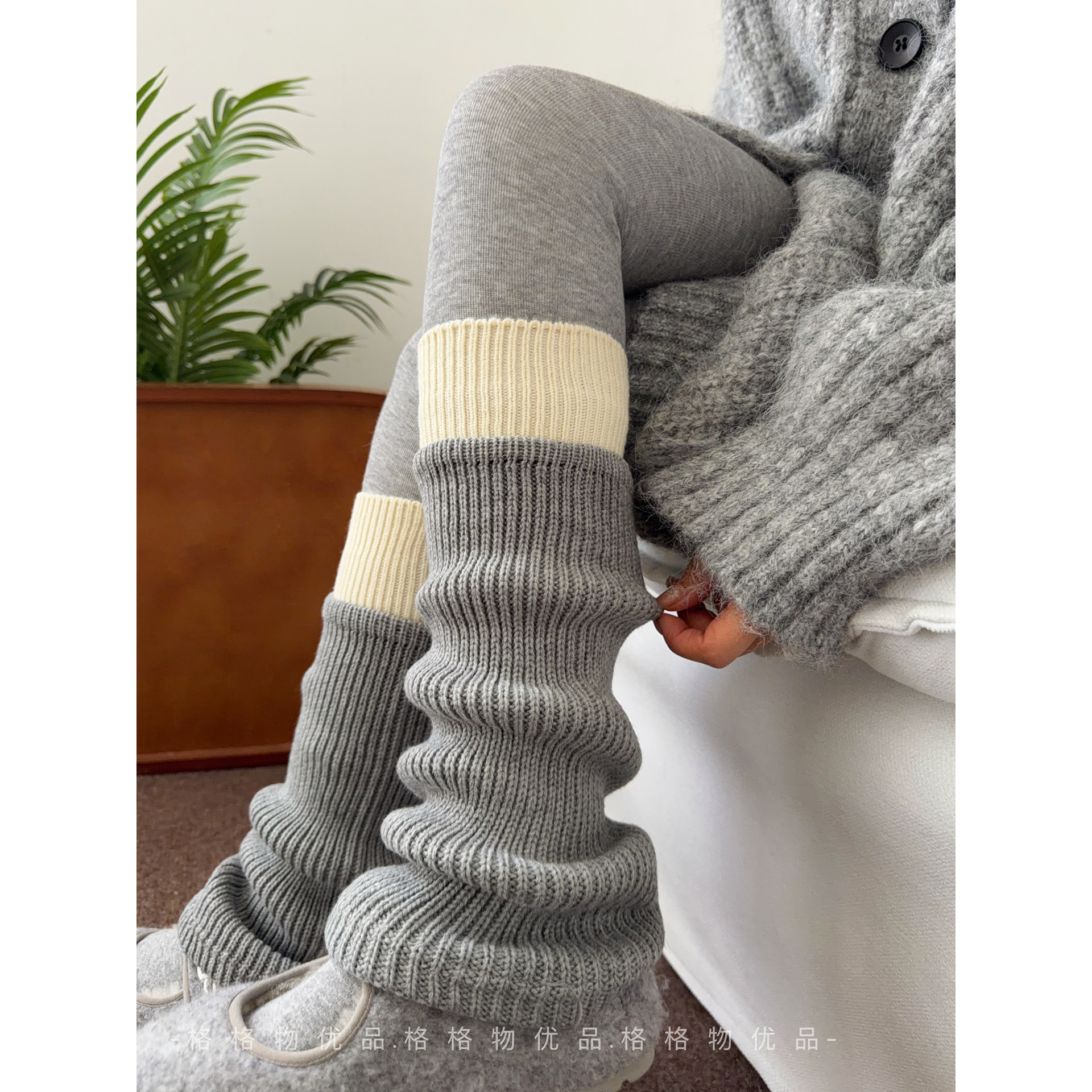 灰色针织保暖袜套女秋冬加厚保暖羊毛拼色堆堆袜腿套配雪地靴显瘦,淘宝优惠券,粉丝福利购,淘宝优惠卷