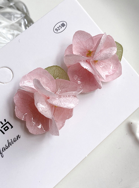 永生花干花粉色耳钉女小众甜美高级感温柔系仙女耳饰真花花瓣手作