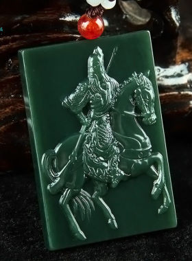 银想玉和田玉青玉骑马关公吊坠和田玉青玉男款武财神玉牌挂件玉石