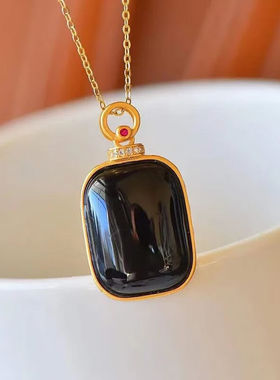 蘑菇说古法银无事牌吊坠S925银镶和田墨玉长条椭圆快手链无事牌吊