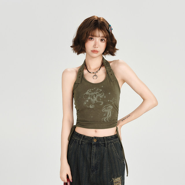 Girlhalo American retro hot girl halter sleeveless T-shirt vest women's summer new short slim slim top