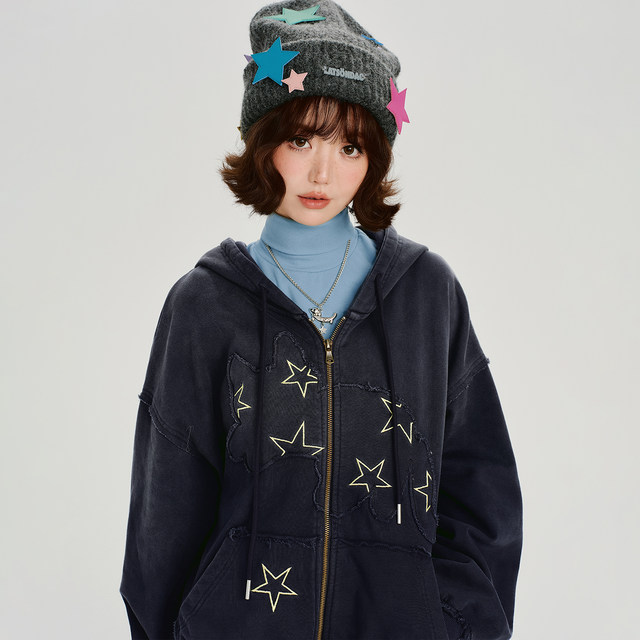 Girlyhalo American retro embroidery ລ້າງຂອບດິບ hooded sweatshirt jacket ຂອງແມ່ຍິງດູໃບໄມ້ລົ່ນແລະລະດູຫນາວໃຫມ່ວ່າງເທິງ