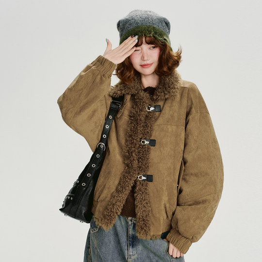 Girlyhalo美式复古麂皮绒羊羔毛拼接棉衣外套女冬季新款加厚棉服