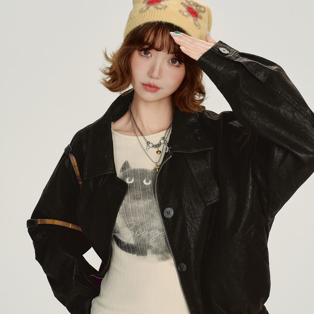 Girlyhalo American retro fur detachable collar textured jacketed ຫນັງ jacket ຂອງແມ່ຍິງດູໃບໄມ້ລົ່ນແລະລະດູຫນາວໃຫມ່ການອອກແບບເທິງ