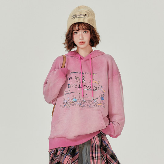 Sudadera con capucha retro americana para mujer otoño e invierno nuevo estilo más terciopelo