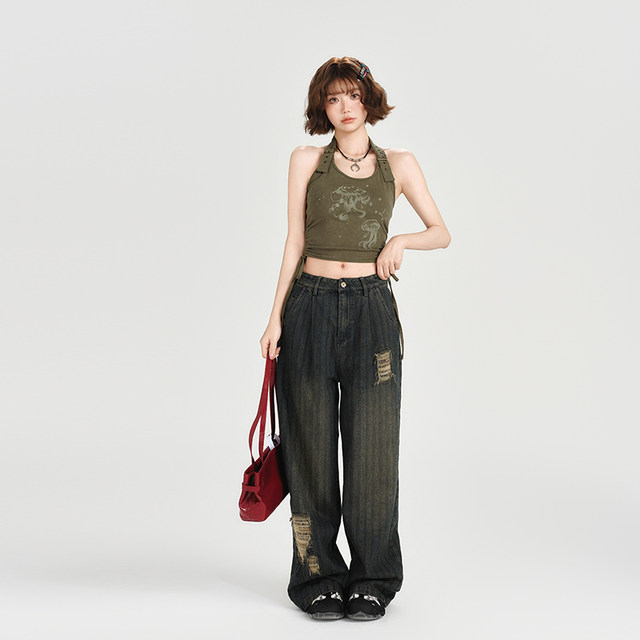 Girlhalo American retro hot girl halter sleeveless T-shirt vest women's summer new short slim slim top