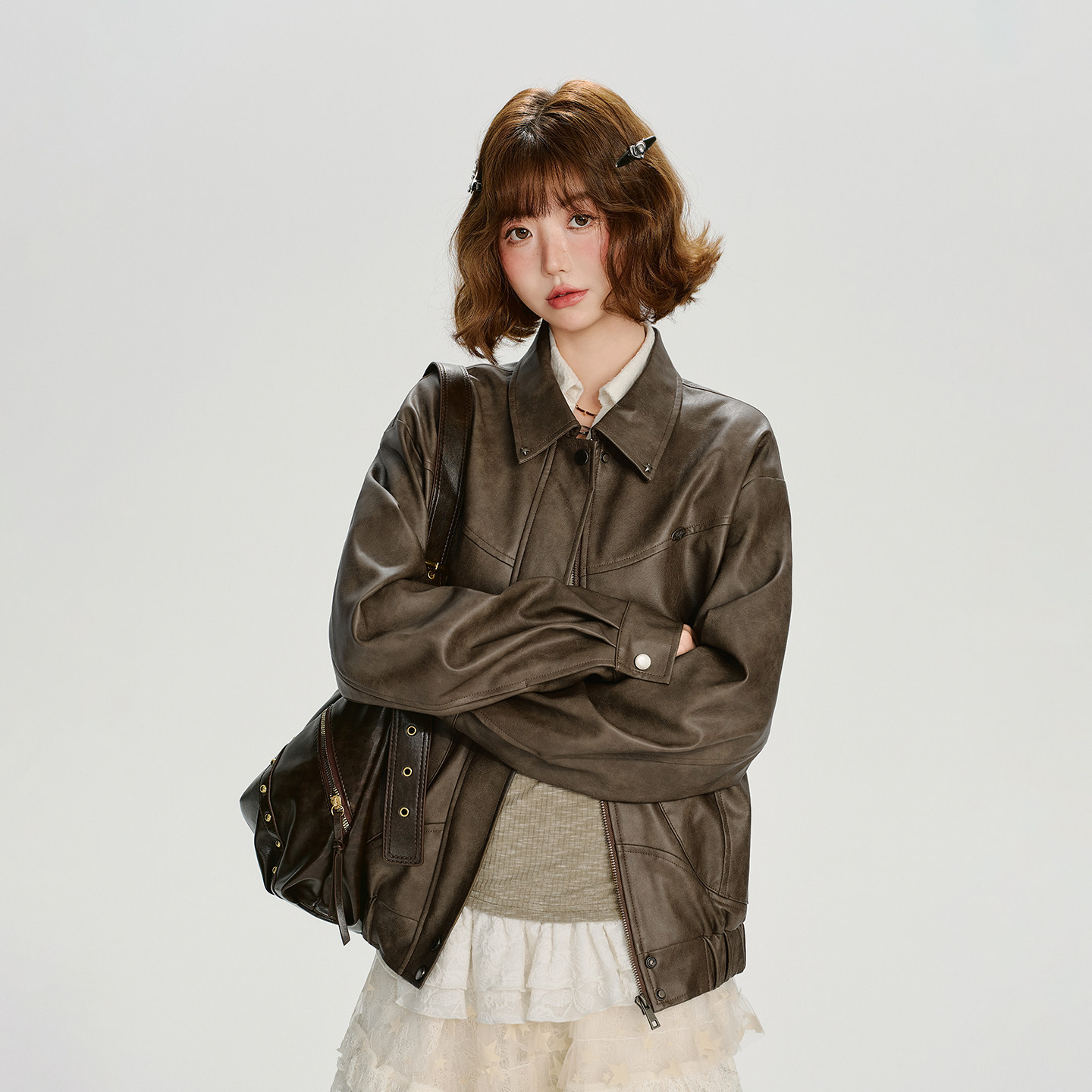 Girlyhalo美式复古翻领皮衣外套女秋季新款宽松休闲设计感上衣,淘宝优惠券,粉丝福利购,淘宝优惠卷