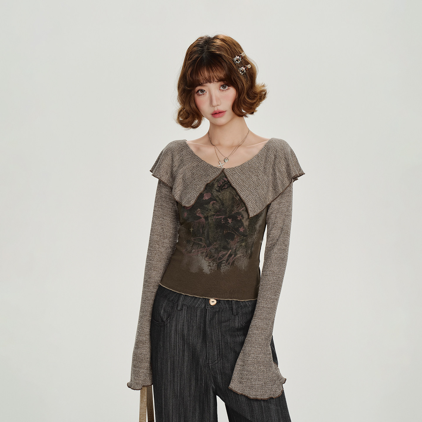 Girlyhalo美式复古印花大翻领长袖t恤女秋新款辣妹设计感修身上衣 - 图3