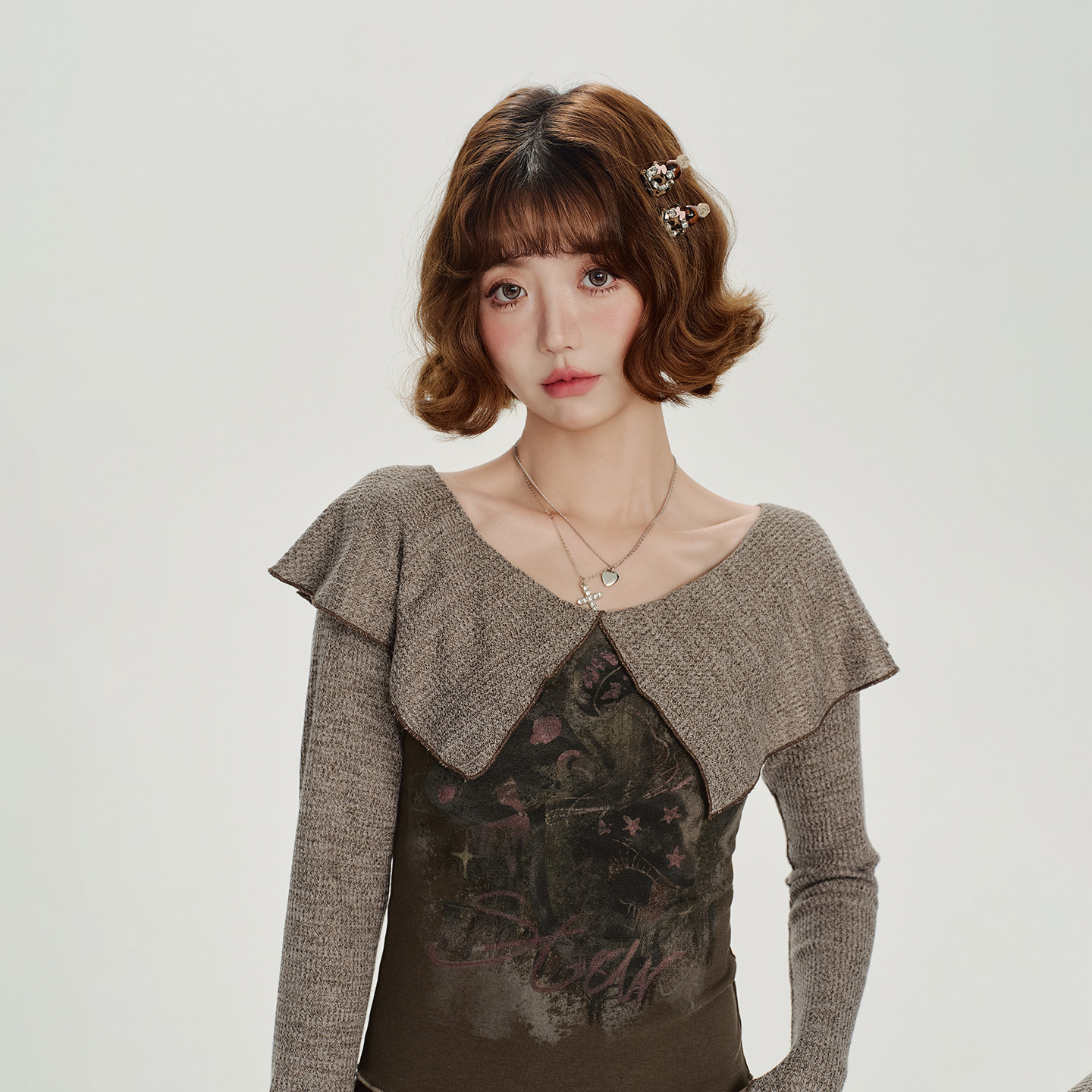 Girlyhalo美式复古印花大翻领长袖t恤女秋新款辣妹设计感修身上衣 - 图2