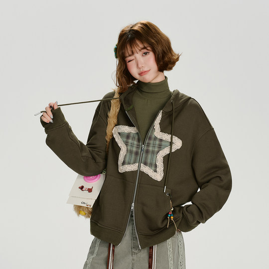 Girlyhalo美式复古花边连帽卫衣外套女秋季新款设计感宽松上衣