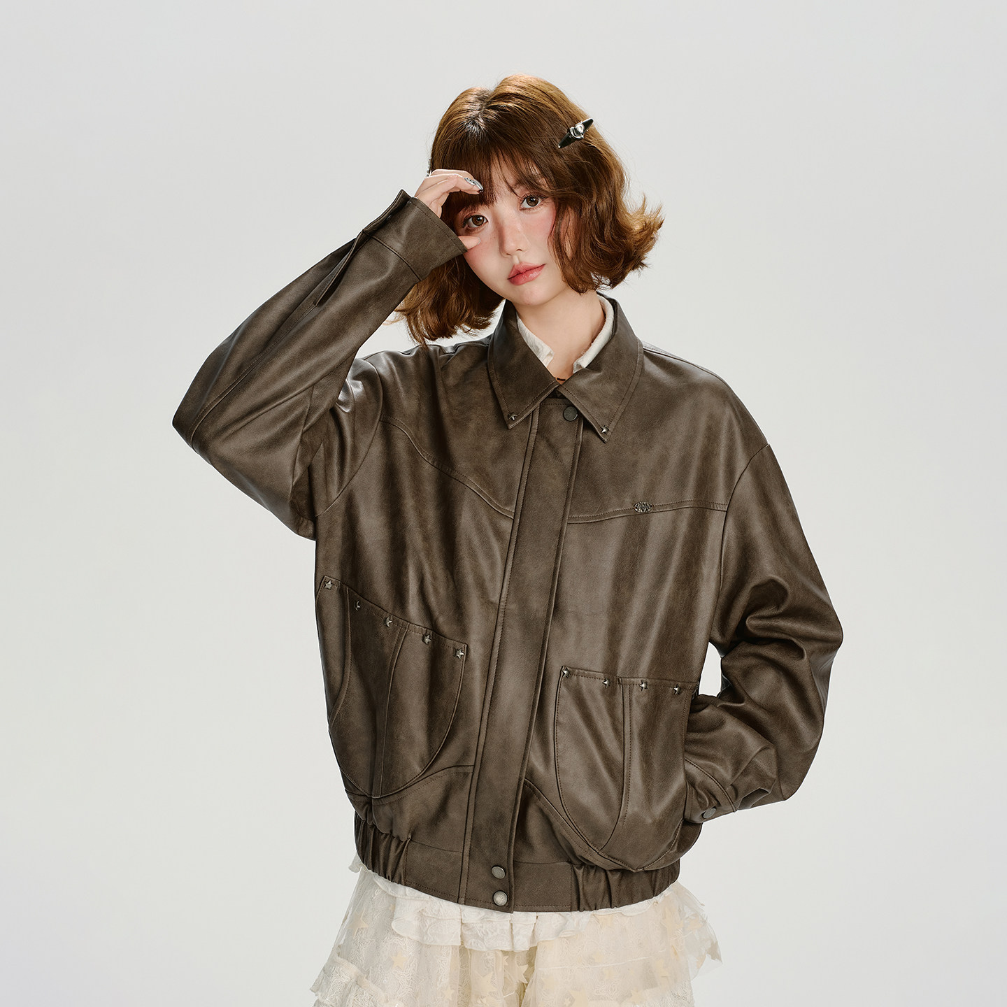 Girlyhalo美式复古翻领皮衣外套女秋季新款宽松休闲设计感上衣,淘宝优惠券,粉丝福利购,淘宝优惠卷